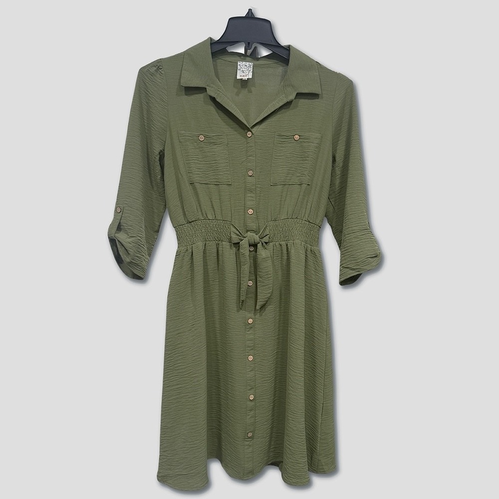 Naif Button-Front Shirt Dress - Womens Size Medium Olive Green - #49375-J4